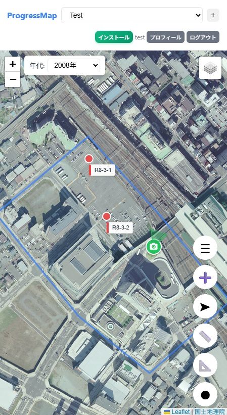 ProgressMapのスマホ画面。同じプロジェクトの地図と記録がモバイルでも同じように表示されている
